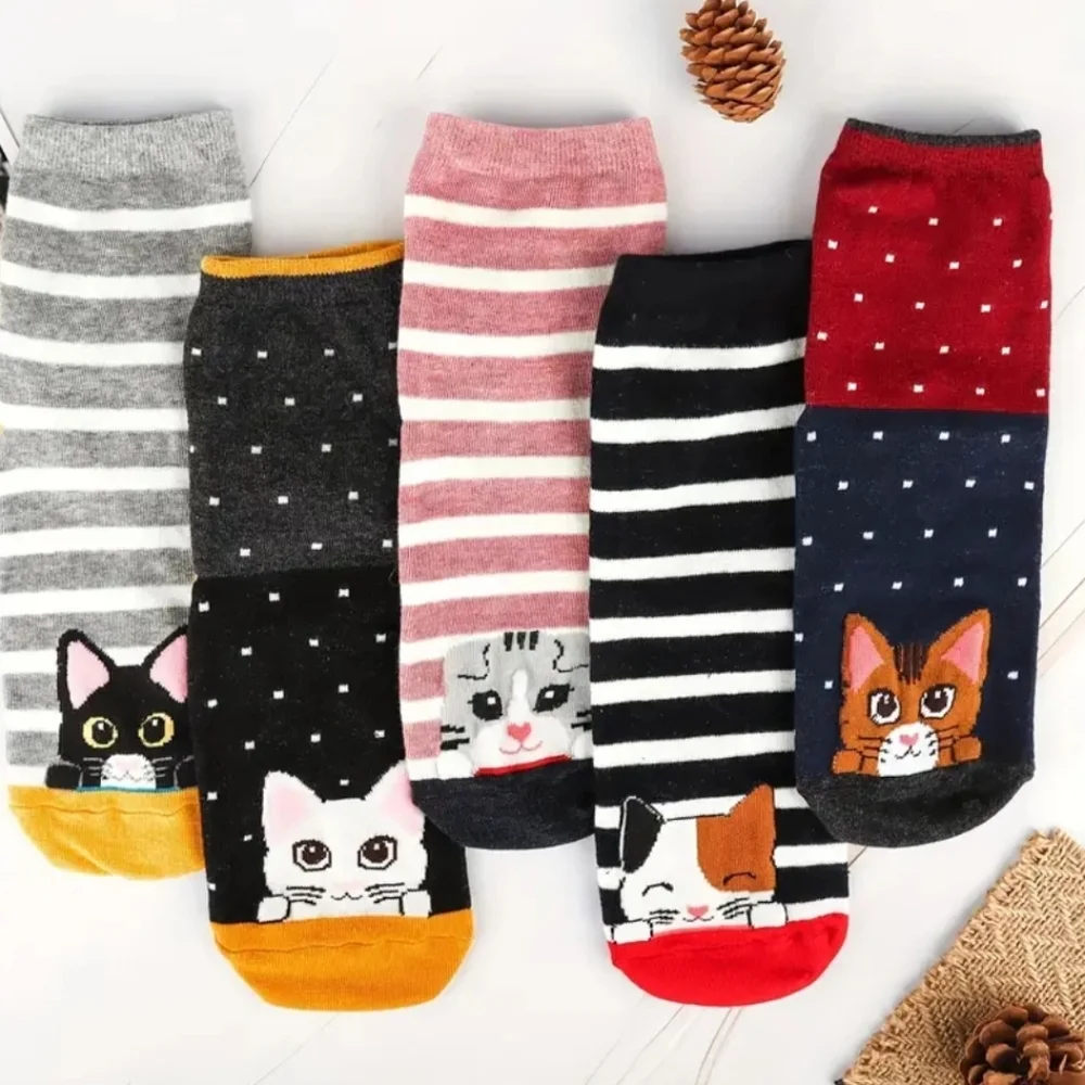 Cat-Themed Striped and Polka Dot Socks Set, 5 pair